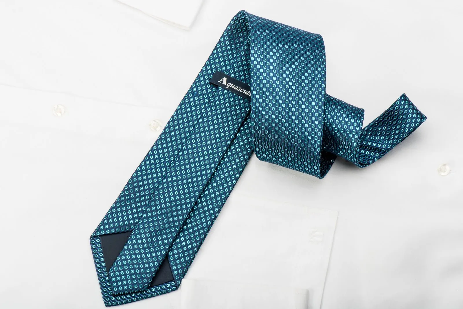 Aquascutum Men's Silk Tie Sparkling Blue Dots On Turquoise Blue