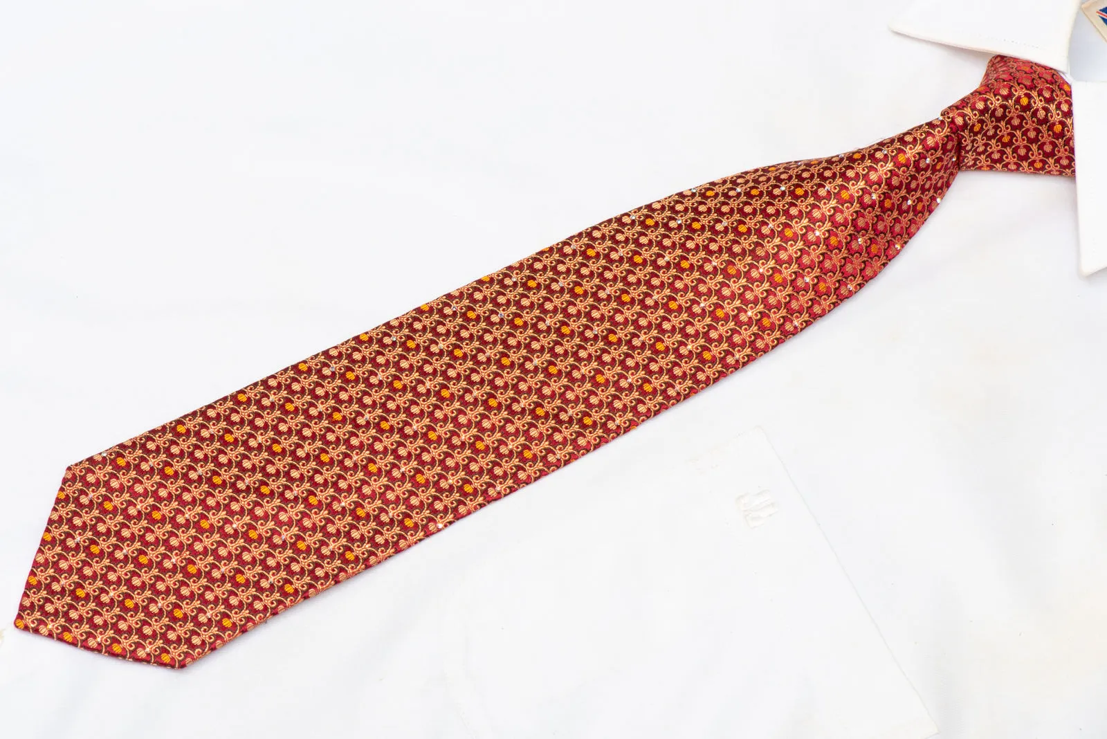 Gold Cartouche On Burgundy Rhinestone Silk Necktie With Gold Sparkles