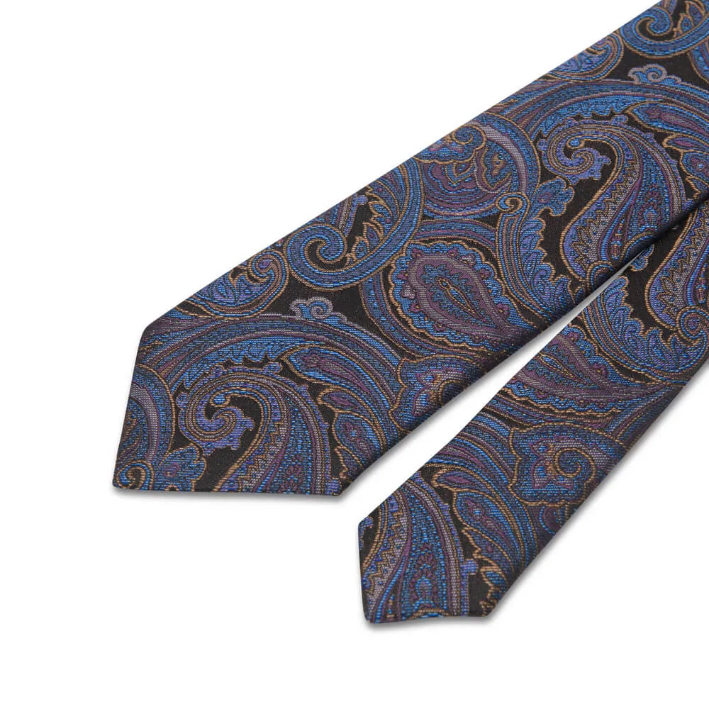 Grey and Blue Paisley Motif Woven Silk Tie