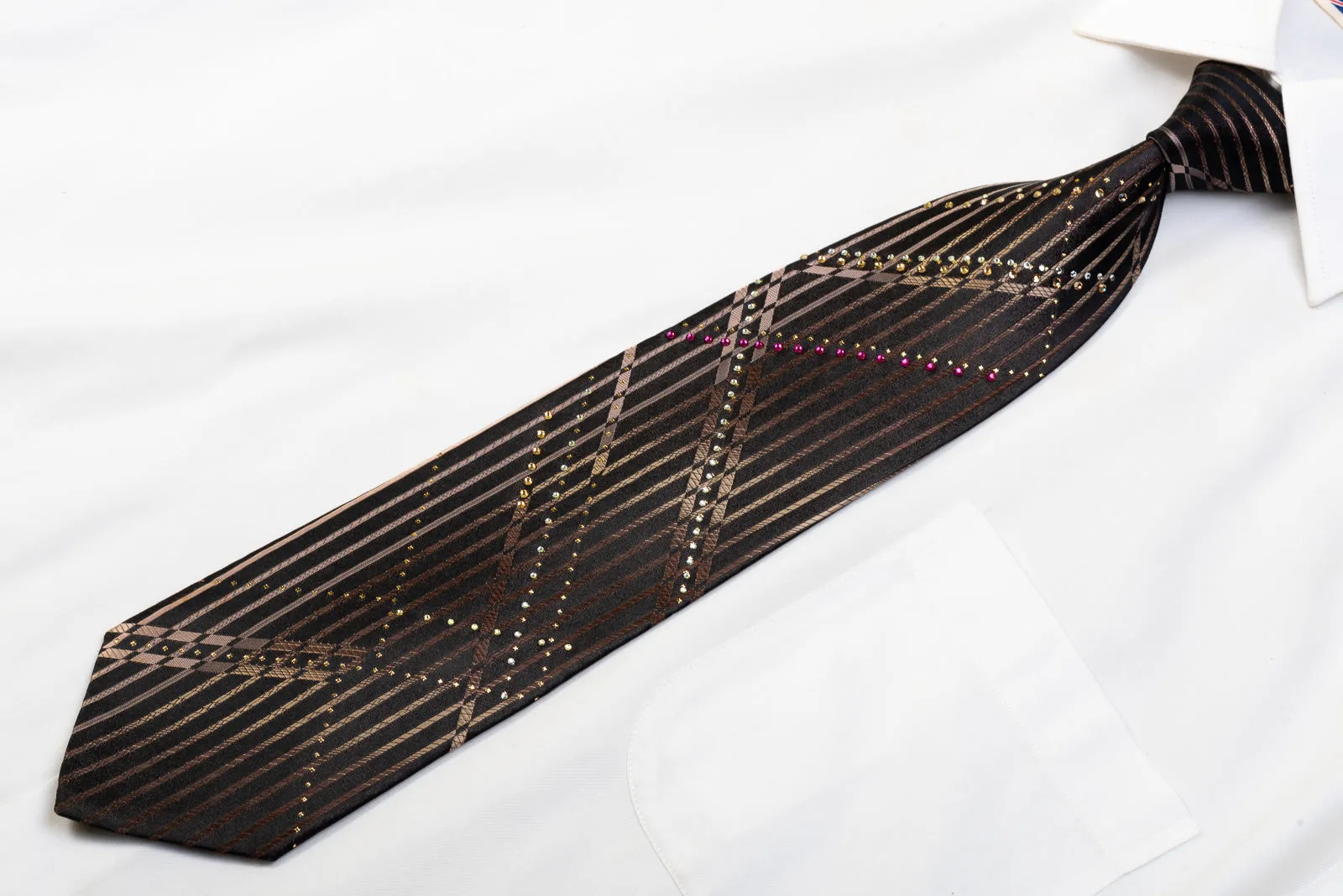 Paco Rabanne Men's Rhinestone Necktie Brown Vertical Striped On Black With Sparkles